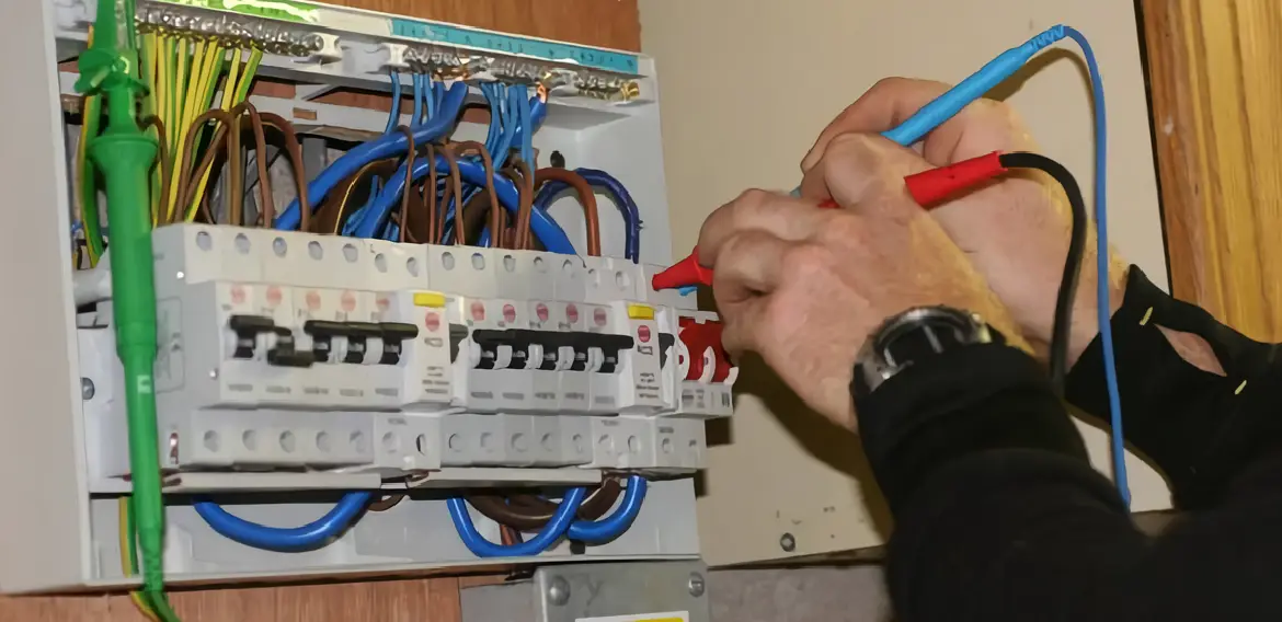 A qualified electrician testing the wiring of a fuse box