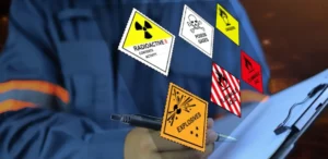 man with clipboard. There are floating hazardous goods GHS classification diamonds above the clipboard.