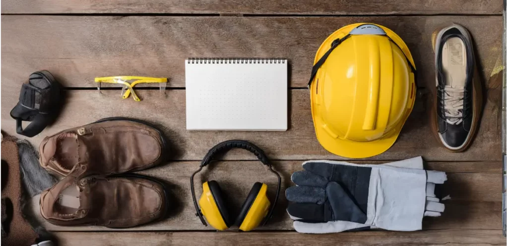 Image showing multiple types of Personal Protective equipment such as a hard hat, safety boots, ear protection, gloves, safety glasses, and a notepad